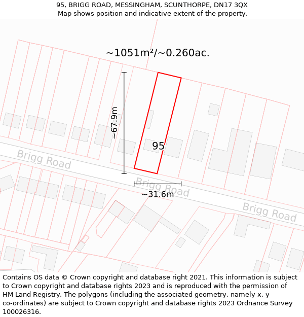 95, BRIGG ROAD, MESSINGHAM, SCUNTHORPE, DN17 3QX: Plot and title map