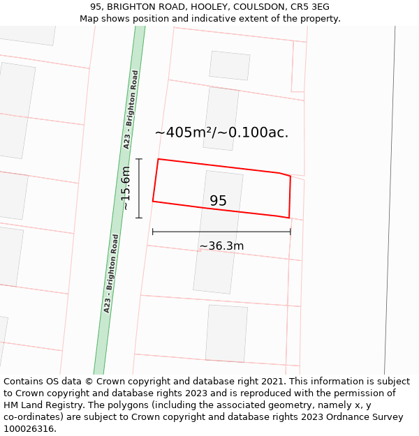 95, BRIGHTON ROAD, HOOLEY, COULSDON, CR5 3EG: Plot and title map