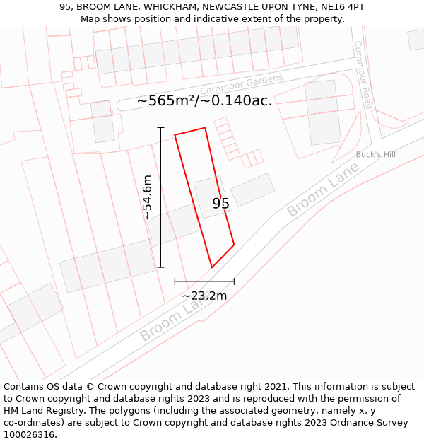 95, BROOM LANE, WHICKHAM, NEWCASTLE UPON TYNE, NE16 4PT: Plot and title map