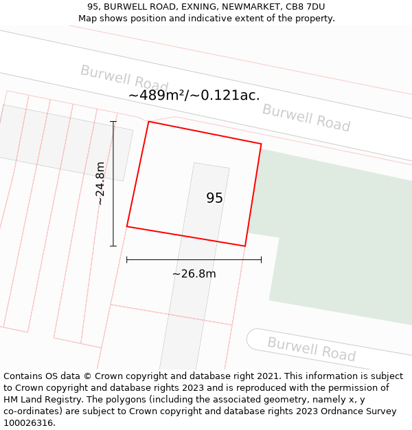 95, BURWELL ROAD, EXNING, NEWMARKET, CB8 7DU: Plot and title map
