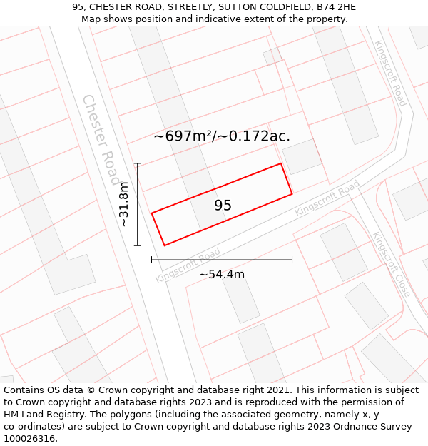 95, CHESTER ROAD, STREETLY, SUTTON COLDFIELD, B74 2HE: Plot and title map