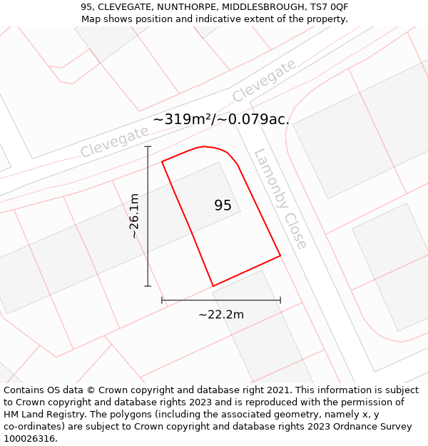 95, CLEVEGATE, NUNTHORPE, MIDDLESBROUGH, TS7 0QF: Plot and title map