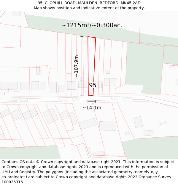 95, CLOPHILL ROAD, MAULDEN, BEDFORD, MK45 2AD: Plot and title map