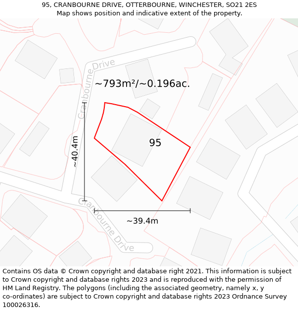 95, CRANBOURNE DRIVE, OTTERBOURNE, WINCHESTER, SO21 2ES: Plot and title map