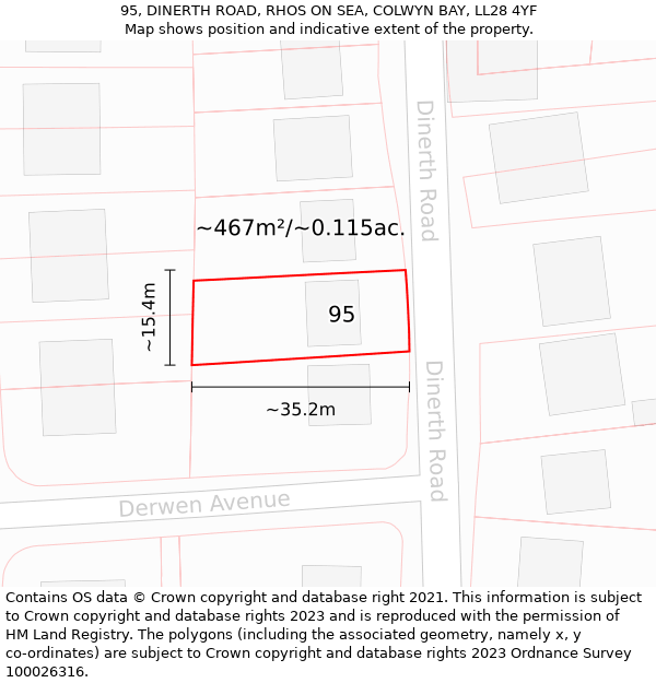 95, DINERTH ROAD, RHOS ON SEA, COLWYN BAY, LL28 4YF: Plot and title map