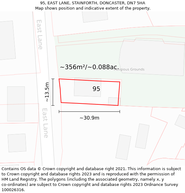 95, EAST LANE, STAINFORTH, DONCASTER, DN7 5HA: Plot and title map