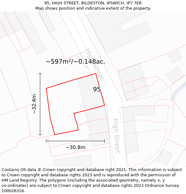 95, HIGH STREET, BILDESTON, IPSWICH, IP7 7ER: Plot and title map