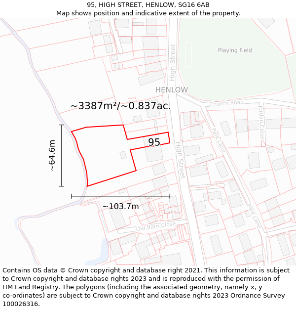 95, HIGH STREET, HENLOW, SG16 6AB: Plot and title map