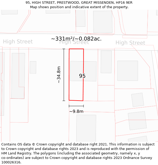 95, HIGH STREET, PRESTWOOD, GREAT MISSENDEN, HP16 9ER: Plot and title map