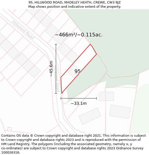 95, HILLWOOD ROAD, MADELEY HEATH, CREWE, CW3 9JZ: Plot and title map