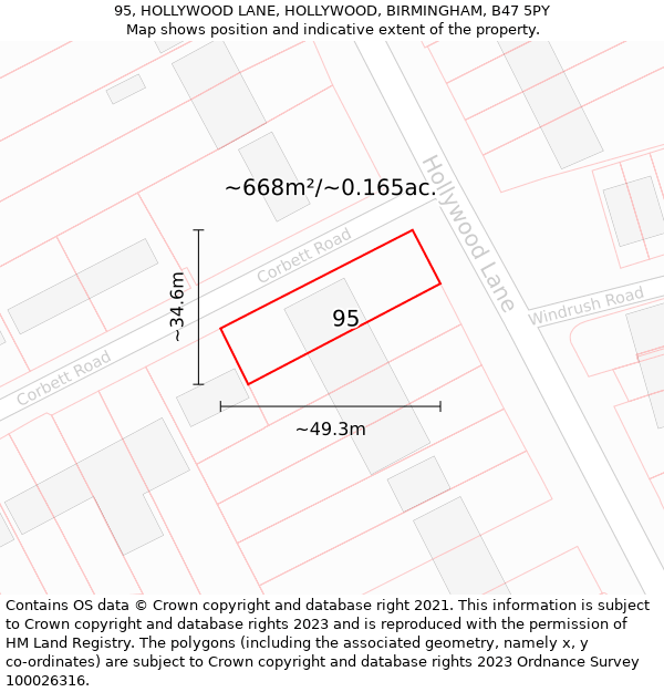 95, HOLLYWOOD LANE, HOLLYWOOD, BIRMINGHAM, B47 5PY: Plot and title map