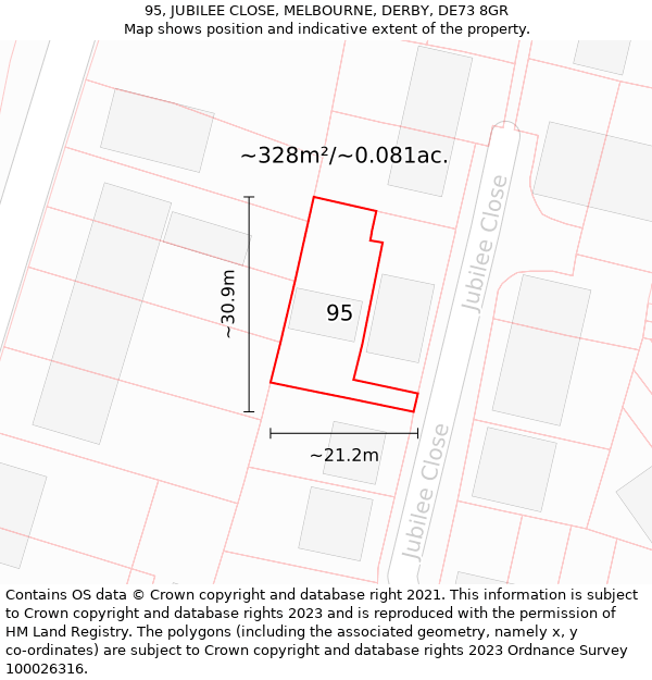 95, JUBILEE CLOSE, MELBOURNE, DERBY, DE73 8GR: Plot and title map