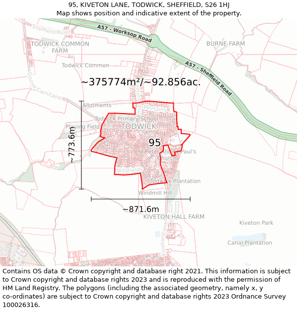 95, KIVETON LANE, TODWICK, SHEFFIELD, S26 1HJ: Plot and title map