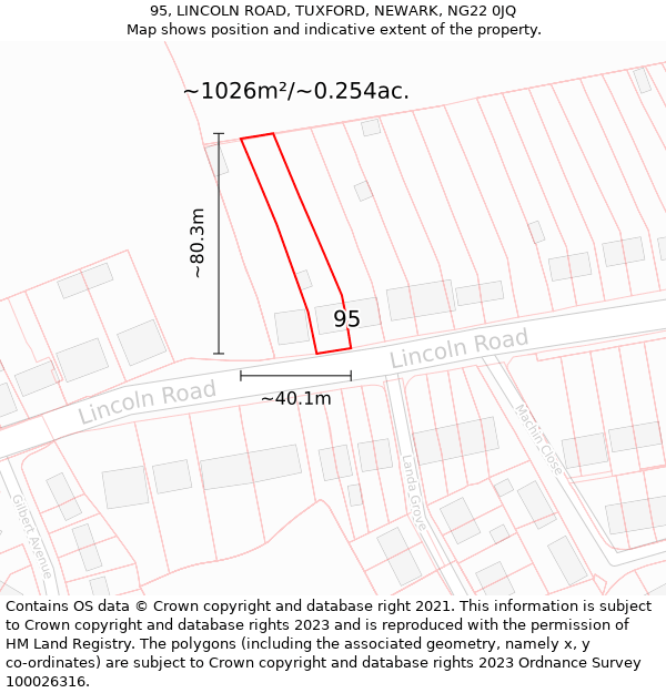 95, LINCOLN ROAD, TUXFORD, NEWARK, NG22 0JQ: Plot and title map