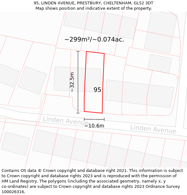 95, LINDEN AVENUE, PRESTBURY, CHELTENHAM, GL52 3DT: Plot and title map