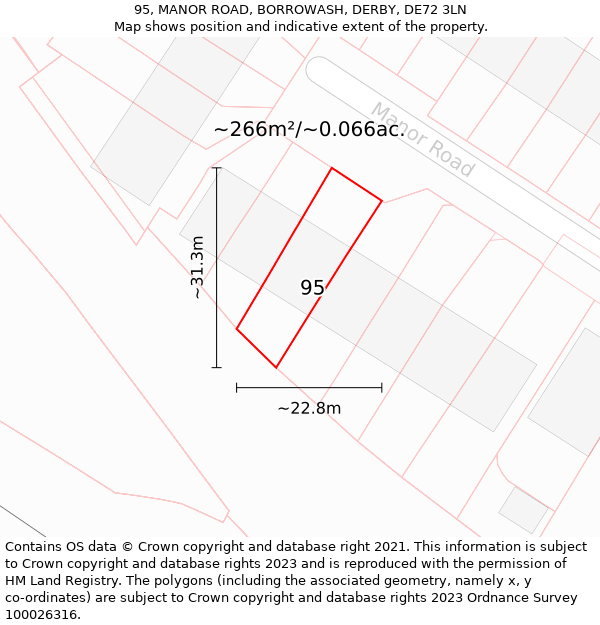 95, MANOR ROAD, BORROWASH, DERBY, DE72 3LN: Plot and title map