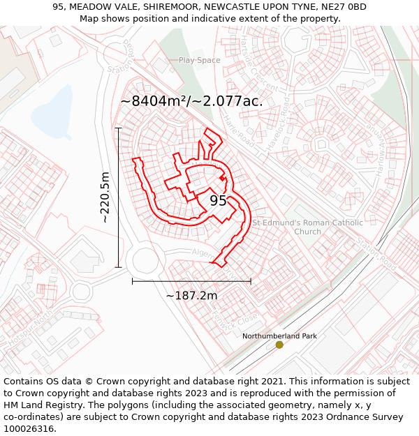 95, MEADOW VALE, SHIREMOOR, NEWCASTLE UPON TYNE, NE27 0BD: Plot and title map