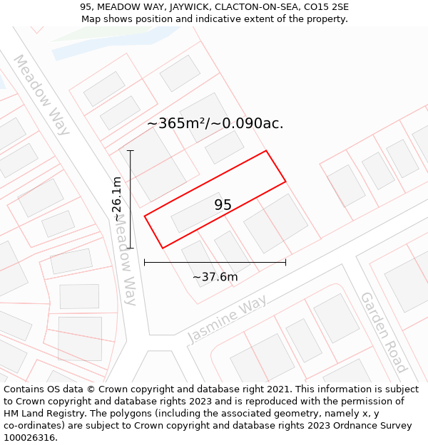 95, MEADOW WAY, JAYWICK, CLACTON-ON-SEA, CO15 2SE: Plot and title map
