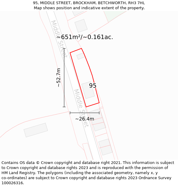 95, MIDDLE STREET, BROCKHAM, BETCHWORTH, RH3 7HL: Plot and title map