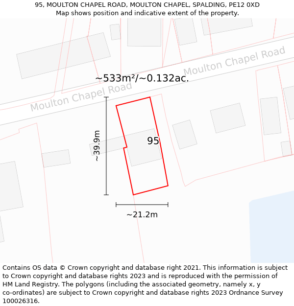 95, MOULTON CHAPEL ROAD, MOULTON CHAPEL, SPALDING, PE12 0XD: Plot and title map