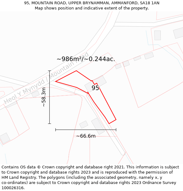 95, MOUNTAIN ROAD, UPPER BRYNAMMAN, AMMANFORD, SA18 1AN: Plot and title map