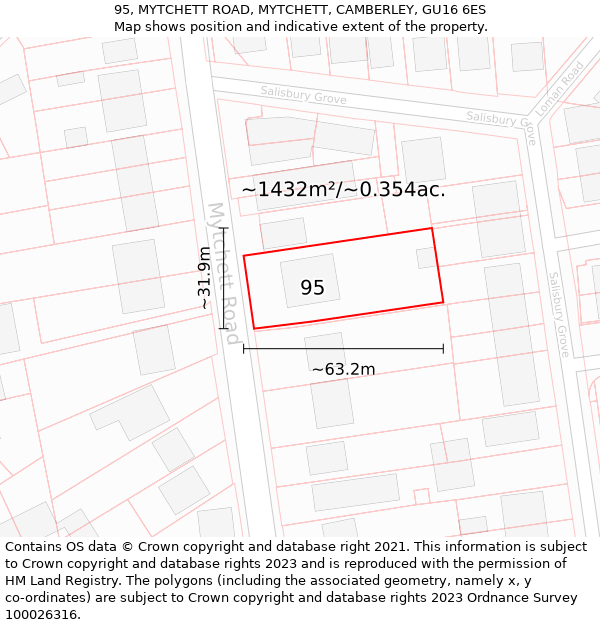 95, MYTCHETT ROAD, MYTCHETT, CAMBERLEY, GU16 6ES: Plot and title map