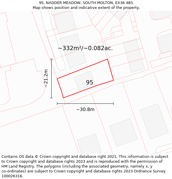 95, NADDER MEADOW, SOUTH MOLTON, EX36 4BS: Plot and title map