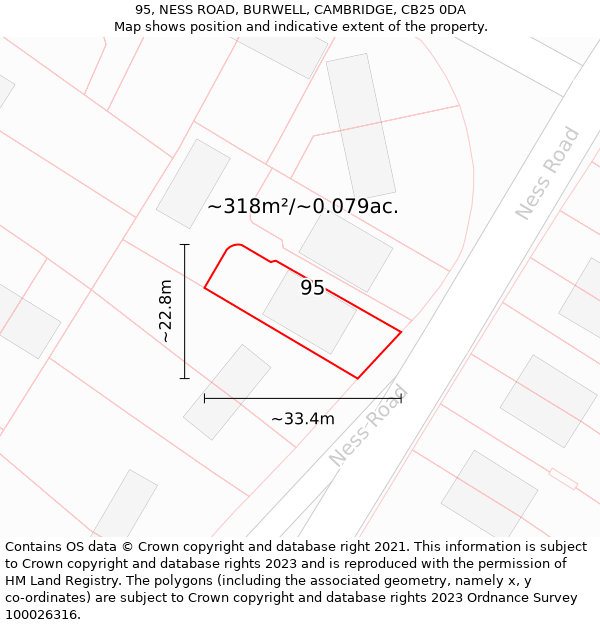 95, NESS ROAD, BURWELL, CAMBRIDGE, CB25 0DA: Plot and title map