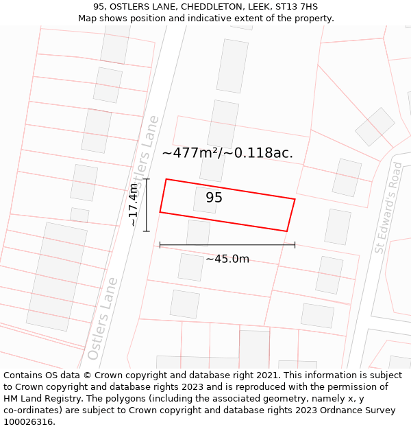 95, OSTLERS LANE, CHEDDLETON, LEEK, ST13 7HS: Plot and title map