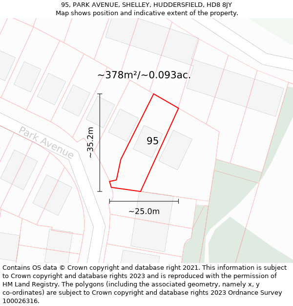 95, PARK AVENUE, SHELLEY, HUDDERSFIELD, HD8 8JY: Plot and title map