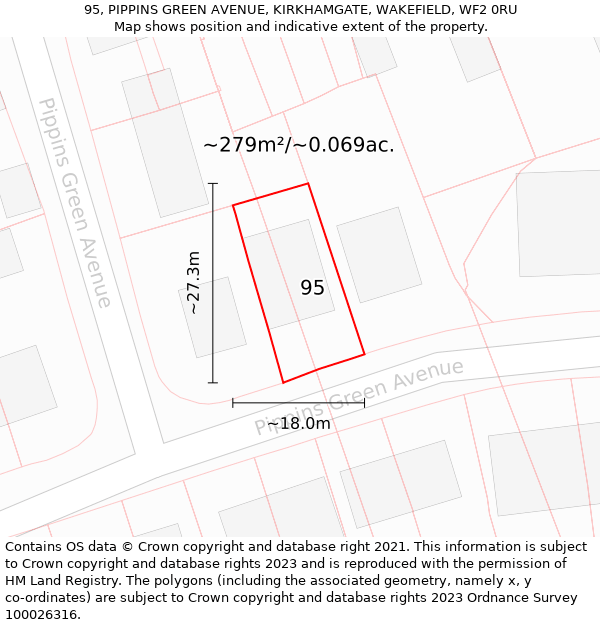 95, PIPPINS GREEN AVENUE, KIRKHAMGATE, WAKEFIELD, WF2 0RU: Plot and title map