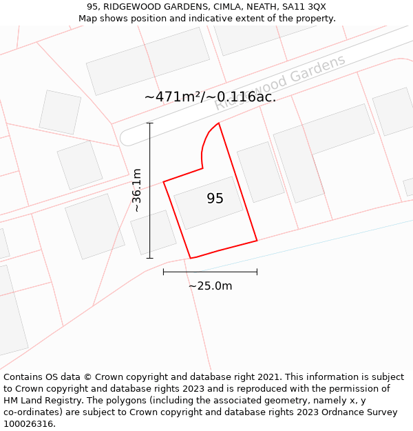 95, RIDGEWOOD GARDENS, CIMLA, NEATH, SA11 3QX: Plot and title map