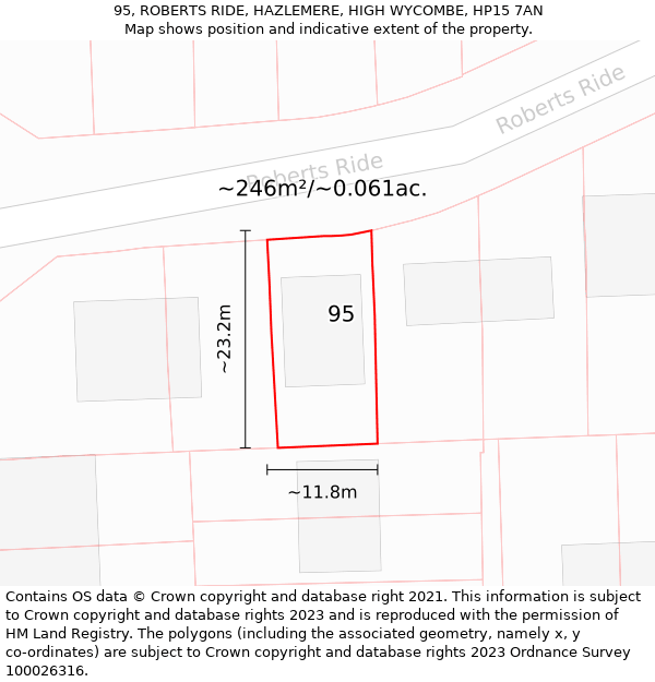 95, ROBERTS RIDE, HAZLEMERE, HIGH WYCOMBE, HP15 7AN: Plot and title map