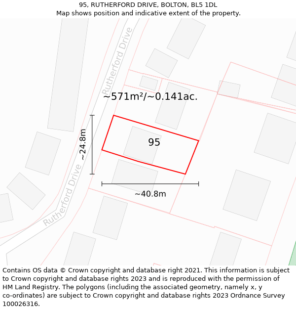 95, RUTHERFORD DRIVE, BOLTON, BL5 1DL: Plot and title map
