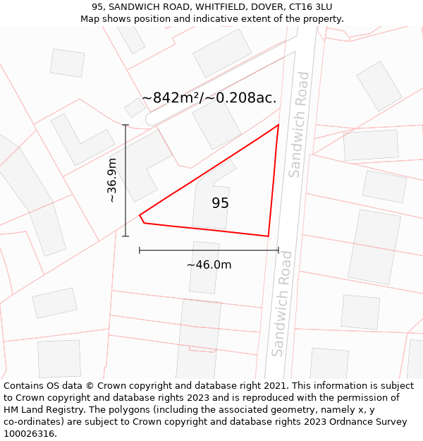 95, SANDWICH ROAD, WHITFIELD, DOVER, CT16 3LU: Plot and title map