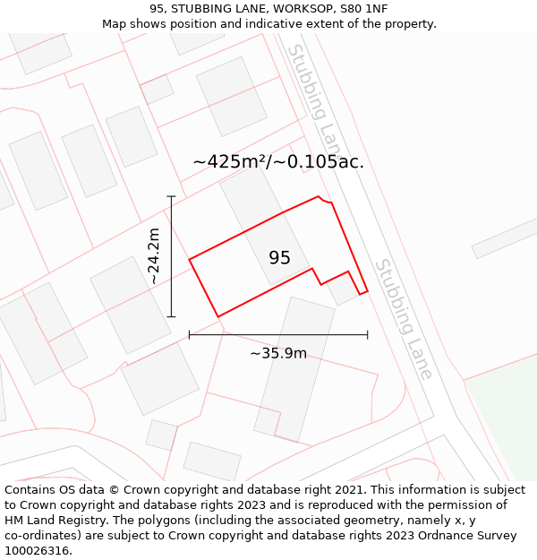 95, STUBBING LANE, WORKSOP, S80 1NF: Plot and title map