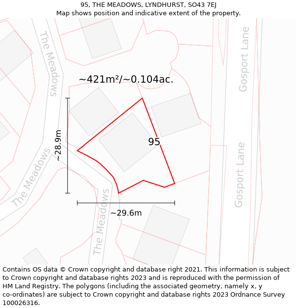 95, THE MEADOWS, LYNDHURST, SO43 7EJ: Plot and title map