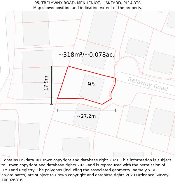 95, TRELAWNY ROAD, MENHENIOT, LISKEARD, PL14 3TS: Plot and title map