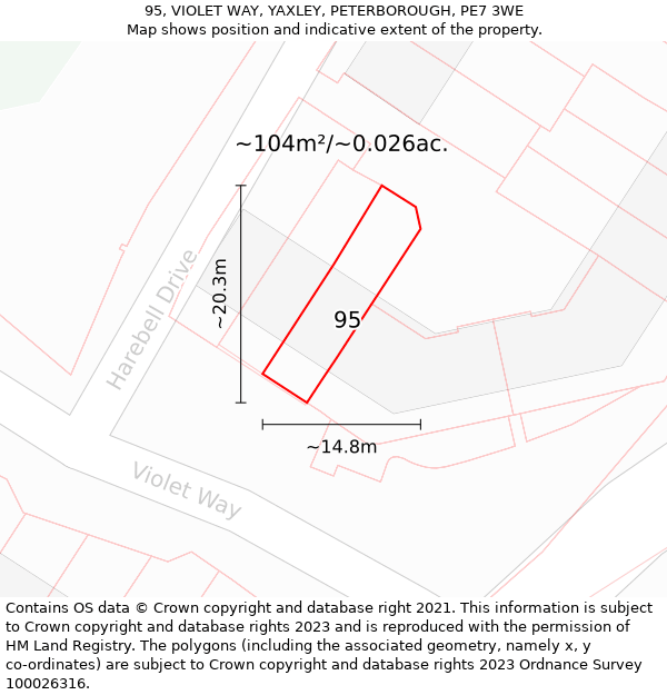 95, VIOLET WAY, YAXLEY, PETERBOROUGH, PE7 3WE: Plot and title map