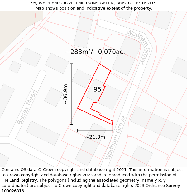 95, WADHAM GROVE, EMERSONS GREEN, BRISTOL, BS16 7DX: Plot and title map