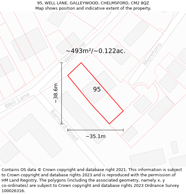 95, WELL LANE, GALLEYWOOD, CHELMSFORD, CM2 8QZ: Plot and title map