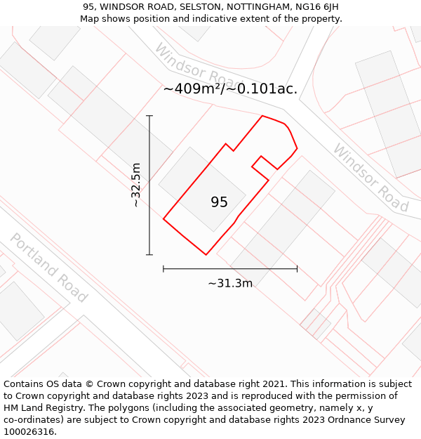 95, WINDSOR ROAD, SELSTON, NOTTINGHAM, NG16 6JH: Plot and title map