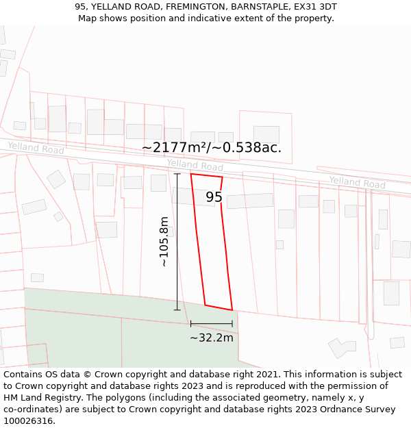 95, YELLAND ROAD, FREMINGTON, BARNSTAPLE, EX31 3DT: Plot and title map