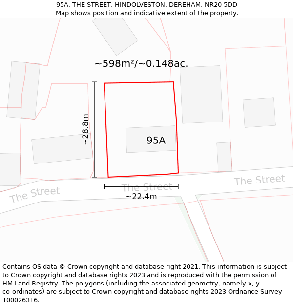 95A, THE STREET, HINDOLVESTON, DEREHAM, NR20 5DD: Plot and title map