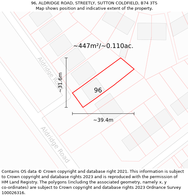 96, ALDRIDGE ROAD, STREETLY, SUTTON COLDFIELD, B74 3TS: Plot and title map