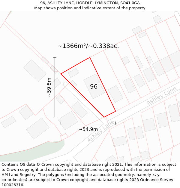 96, ASHLEY LANE, HORDLE, LYMINGTON, SO41 0GA: Plot and title map