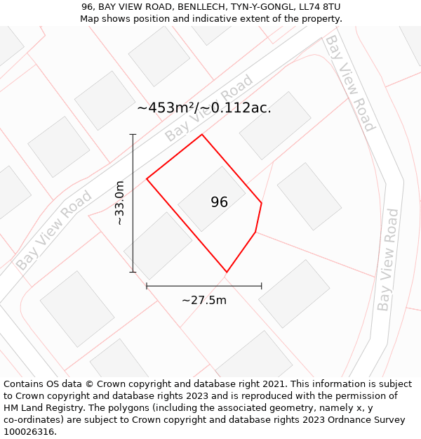 96, BAY VIEW ROAD, BENLLECH, TYN-Y-GONGL, LL74 8TU: Plot and title map