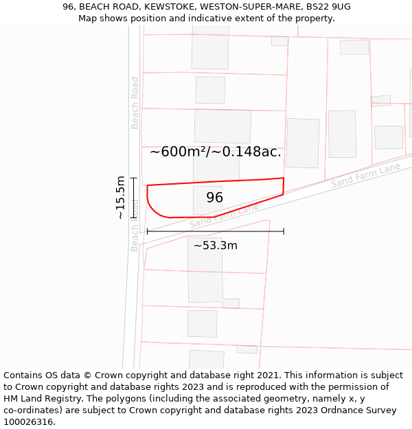 96, BEACH ROAD, KEWSTOKE, WESTON-SUPER-MARE, BS22 9UG: Plot and title map