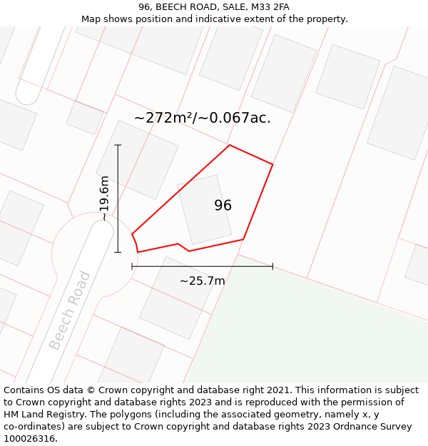 96, BEECH ROAD, SALE, M33 2FA: Plot and title map