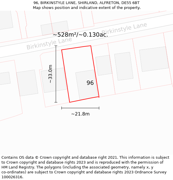 96, BIRKINSTYLE LANE, SHIRLAND, ALFRETON, DE55 6BT: Plot and title map